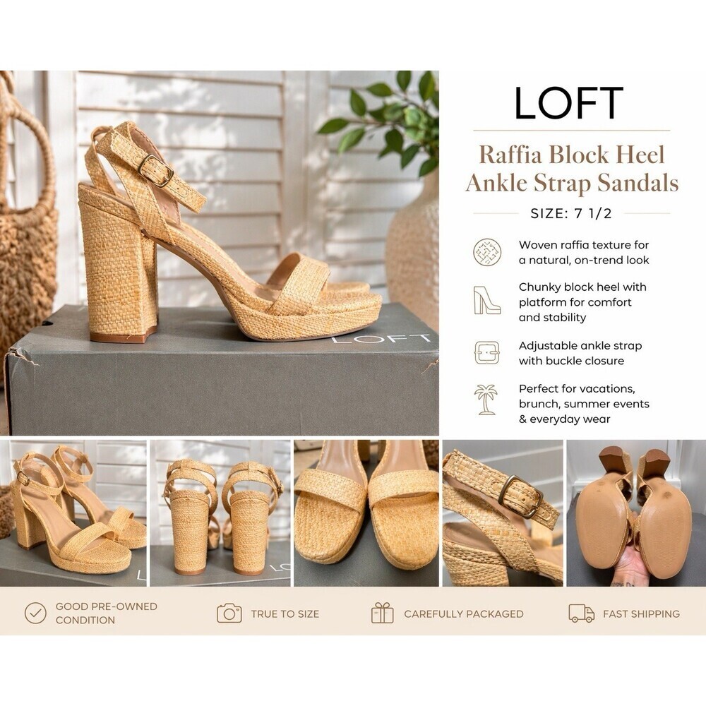 LOFT Raffia Block Heel Sandals Natural Ankle Strap Platform Size 7.5